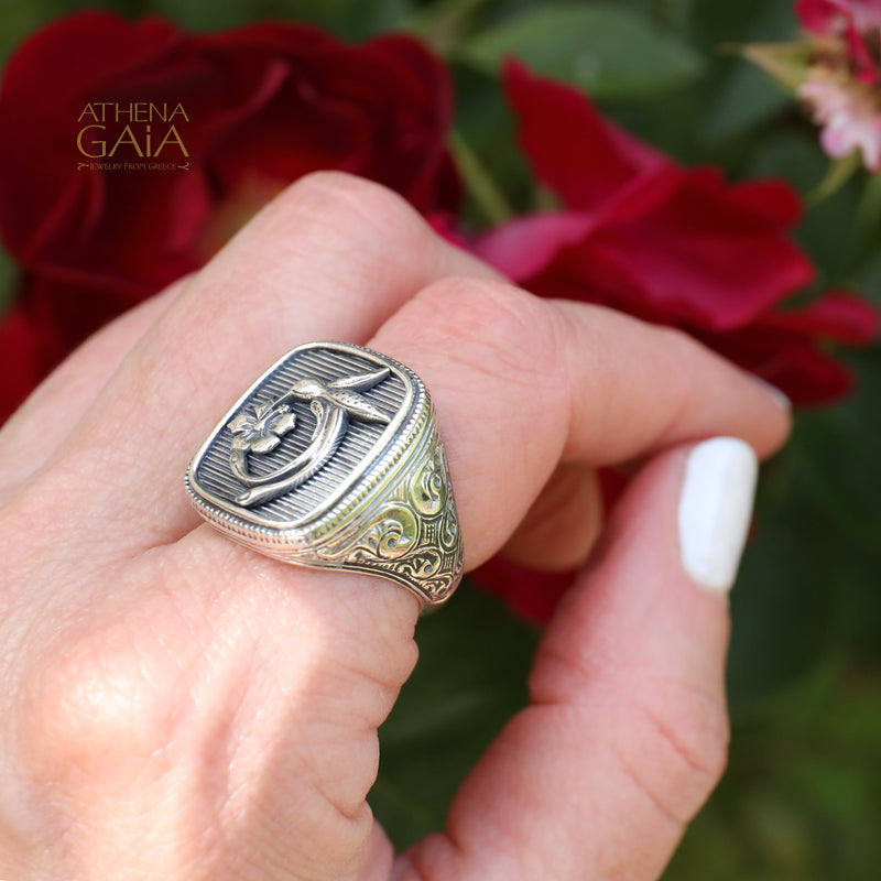 Hummingbird Talisman Ring- Sterling Silver Ring - Signet Ring