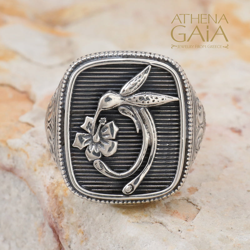 Hummingbird Talisman Ring- Sterling Silver Ring - Signet Ring