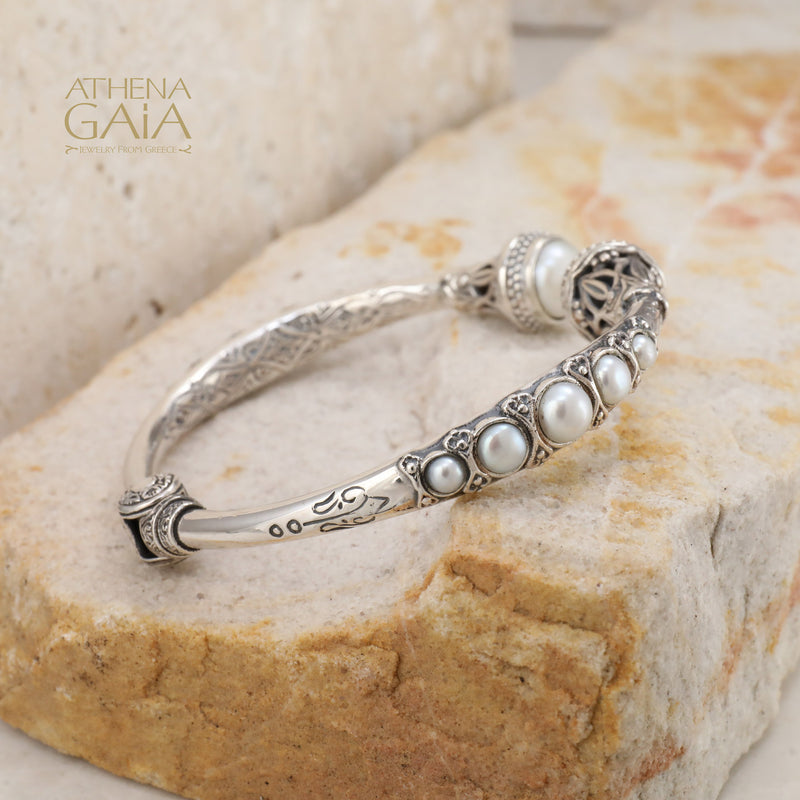 Santorini Pearl Sided Bracelet - Sterling Silver - Hinged Bangle Bracelet