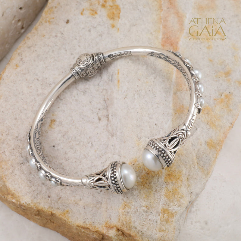 Santorini Pearl Sided Bracelet - Sterling Silver - Hinged Bangle Bracelet