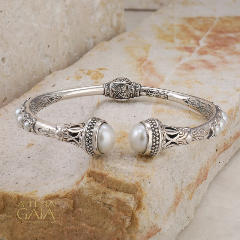 Santorini Pearl Sided Bracelet - Sterling Silver - Hinged Bangle Bracelet