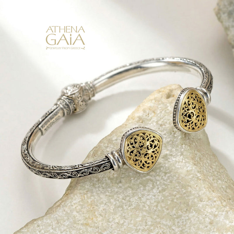 Mediterranean Pointed Face Bracelet - 18k Gold and Sterling Silver - Hinged Bangle Bracelet