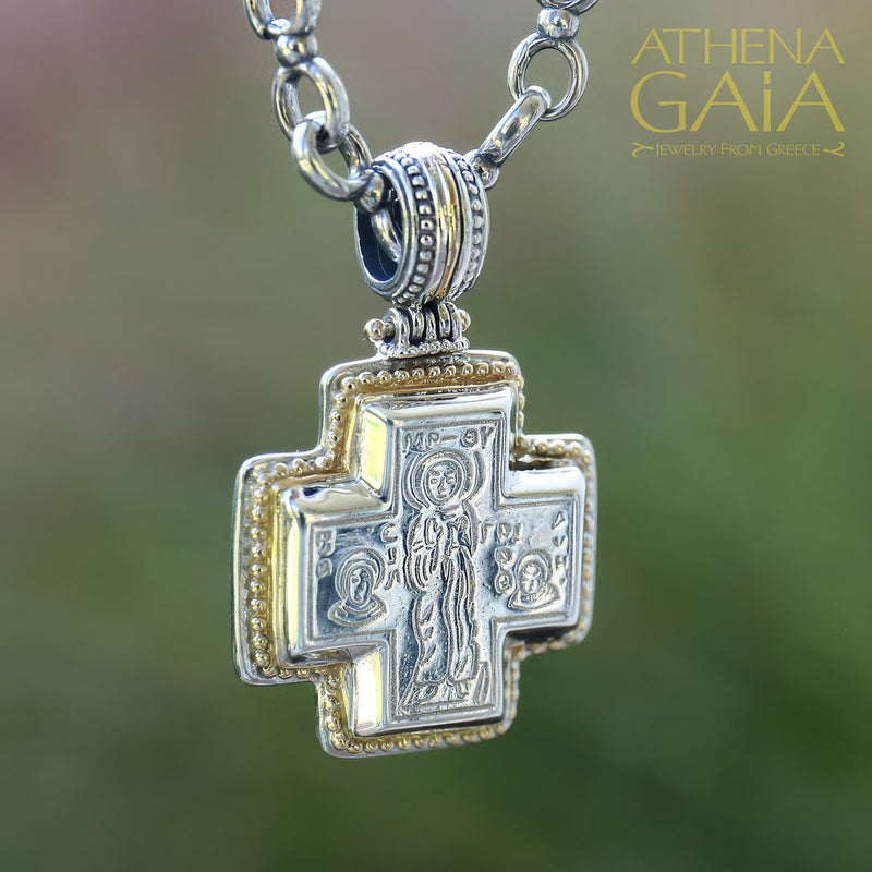 Gold Border Panagia Squared Greek Cross - 18k Gold & Sterling Silver - Orthodox Cross Necklace