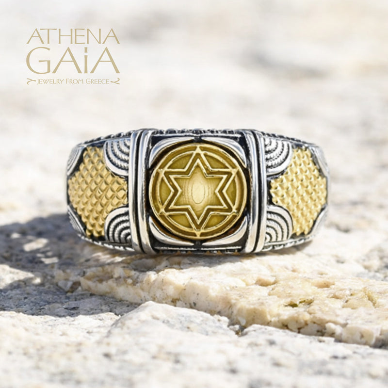 Star of David Woven Crest Ring - 18k Gold & Sterling Silver - Signet Ring