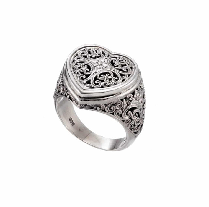 Mediterranean Heart Tapered Ring - Sterling Silver Ring - Signet Ring