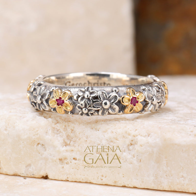 Wild Flowers Stone Band Ring - 18k Gold & Sterling Silver Ring - Stackable Ring