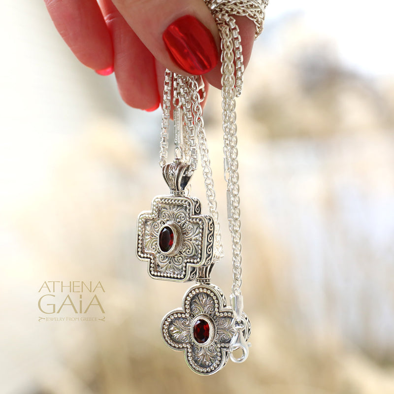 Rounded Greek Cross - Sterling Silver with Center Stone - Orthodox Cross Necklace