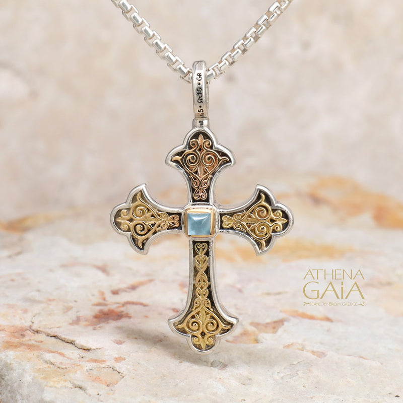 Aretousa Stone Fleury Cross (Medium) - 18k Gold & Sterling Silver - Orthodox Cross