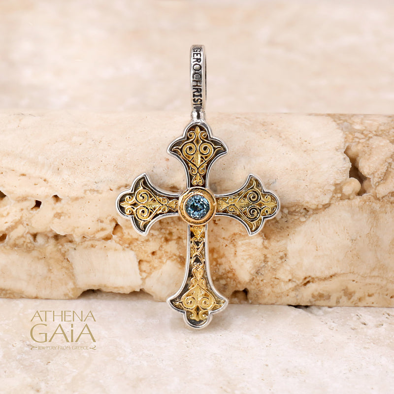 Aretousa Fleury Cross (Small) - 18k Gold & Sterling Silver - Orthodox Cross