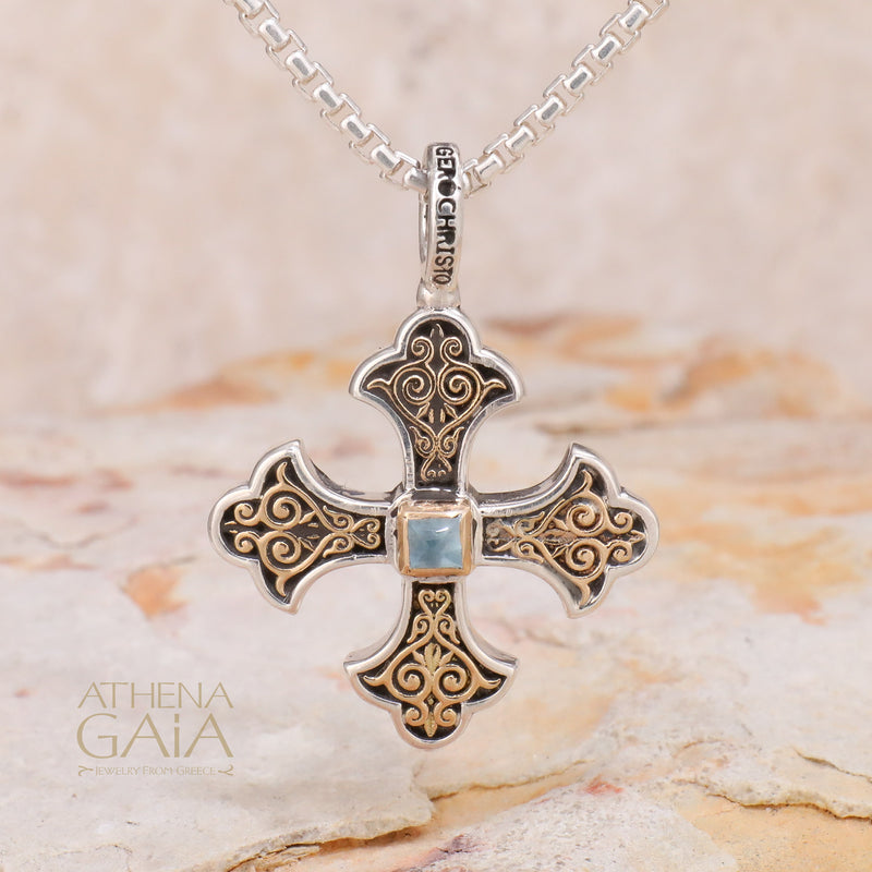 Aretousa Square Bezel Greek Cross (Medium) - 18k Gold & Sterling Silver - Orthodox Cross