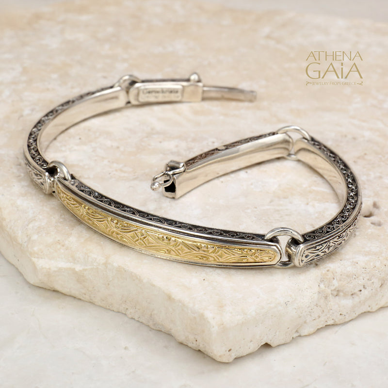 Etched Face Bracelet - 18k Gold and Sterling Silver - Flex Bangle Bracelet
