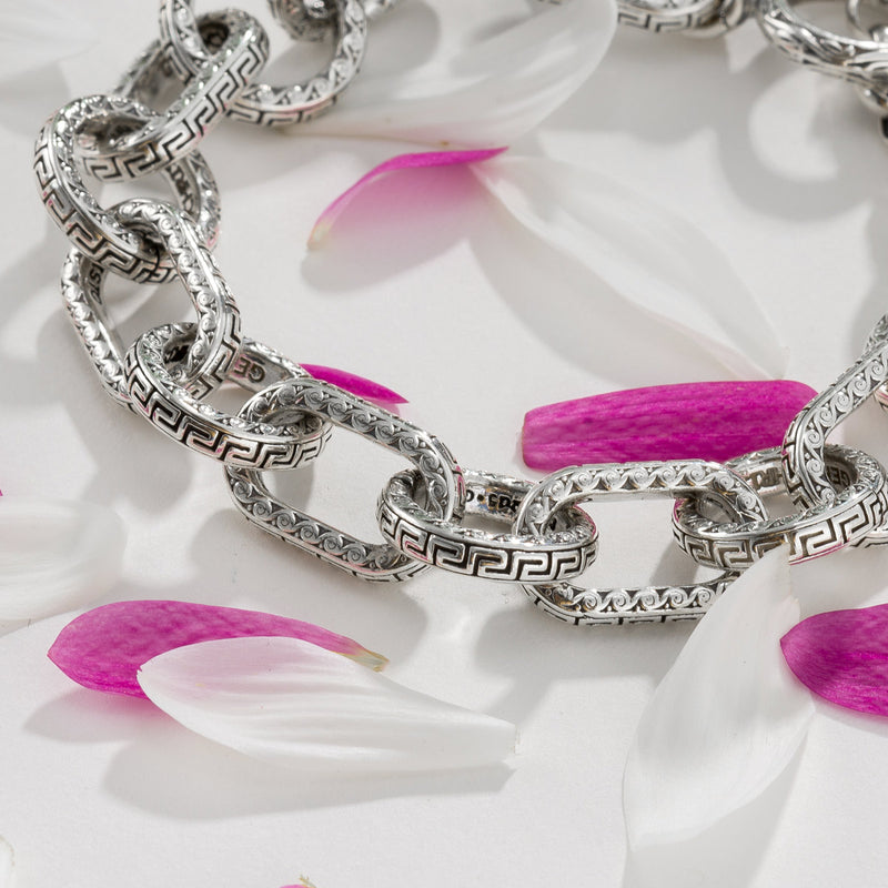 Oval Greek Key Bracelet - Sterling Silver - Empty Charm Link Bracelet