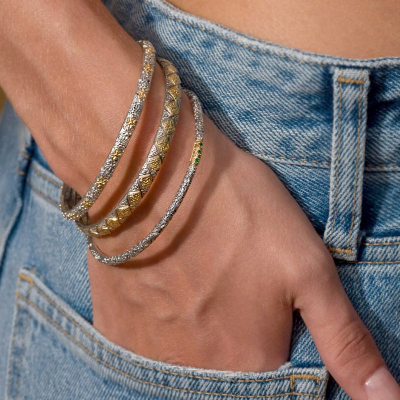 Meadow Breeze Triple Pave Bracelet - 18k Gold and Sterling Silver - Solid Bangle Bracelet