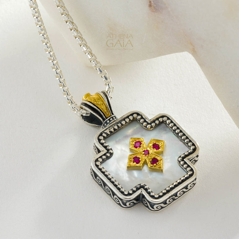 Mother of Pearl Squared Greek Cross - Gold Plated Sterling Silver - Orthodox Cross Necklace
