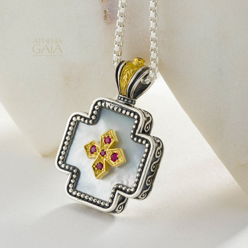Mother of Pearl Squared Greek Cross - Gold Plated Sterling Silver - Orthodox Cross Necklace