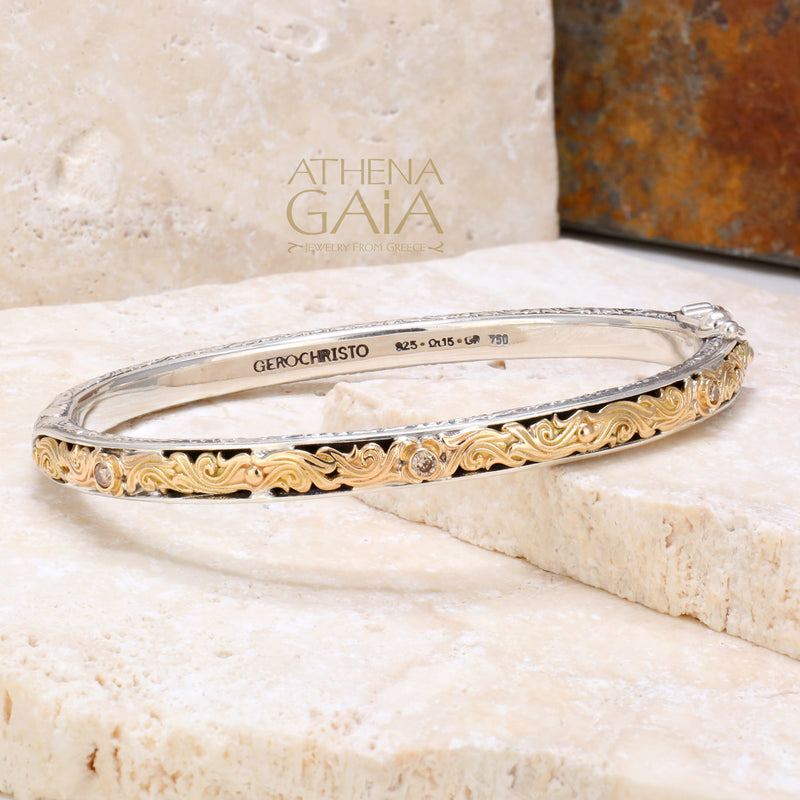 Floral Scroll Bracelet - 18k Gold and Sterling Silver - Hinged Bangle Bracelet