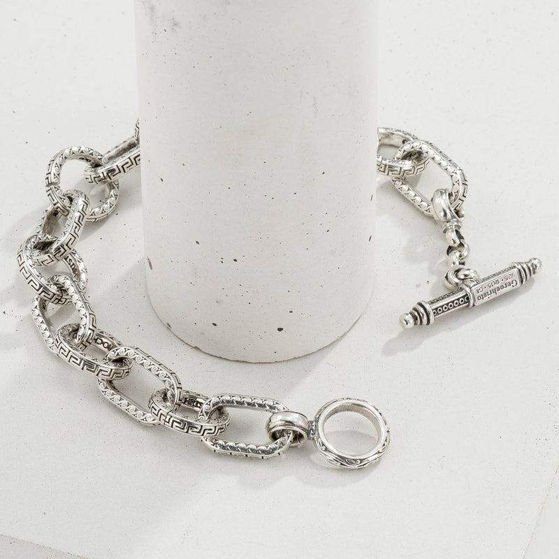 Oval Greek Key Bracelet - Sterling Silver - Empty Charm Link Bracelet