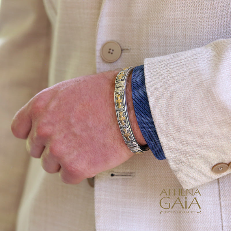 Patmos Crosses Bracelet - 18k Gold & Sterling Silver Bracelet - Hinged Bangle Bracelet