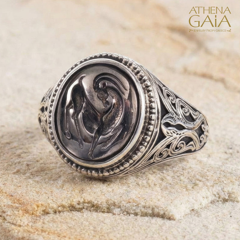 Antelope Ring - Sterling Silver & Blackened Bronze - Signet Ring