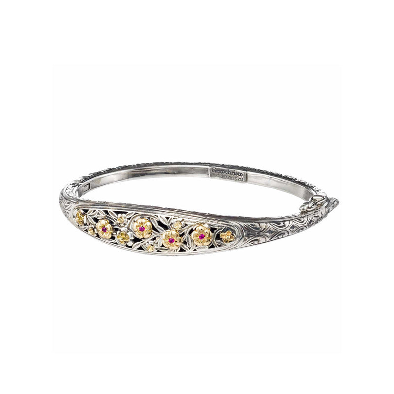 Wild Flowers Blossom Bracelet - 18k Gold and Sterling Silver - Hinged Bangle Bracelet