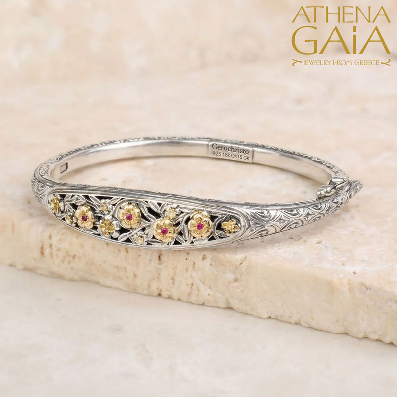 Wild Flowers Blossom Bracelet - 18k Gold and Sterling Silver - Hinged Bangle Bracelet