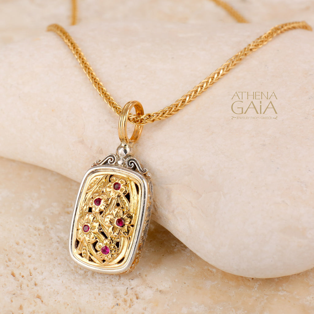 Meadow Shadows Ruby Tablet Pendant - 18k Gold & Sterling Silver Pendant (In-Stock)