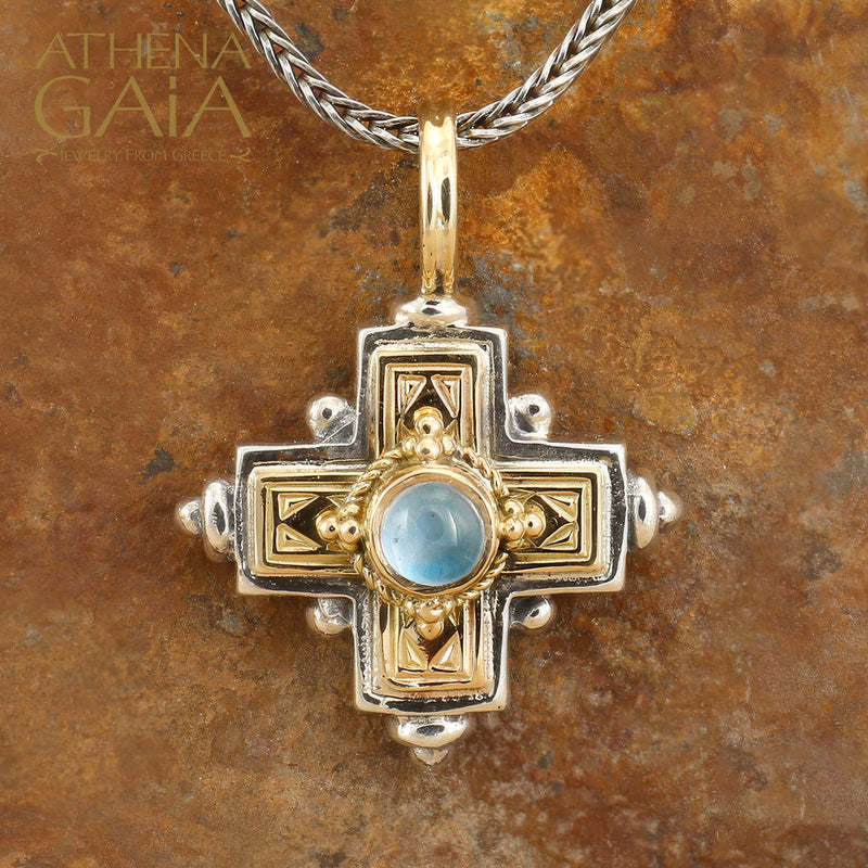 Rustic Stone Cross (Small) - 18k Gold & Sterling Silver - Greek Cross Necklace