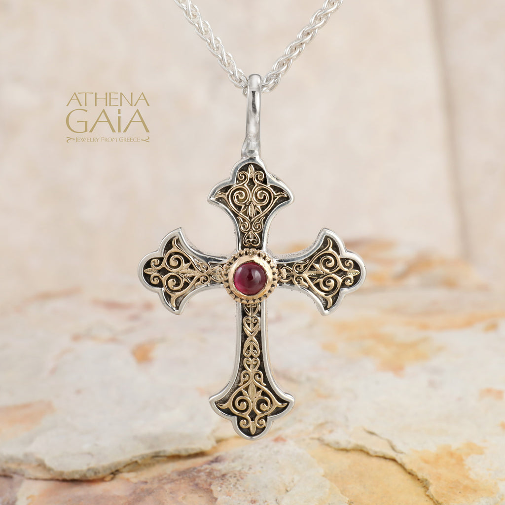 Aretousa Gold Faced Round Bezel Orthodox Cross (Large) - 18k Gold & Sterling Silver