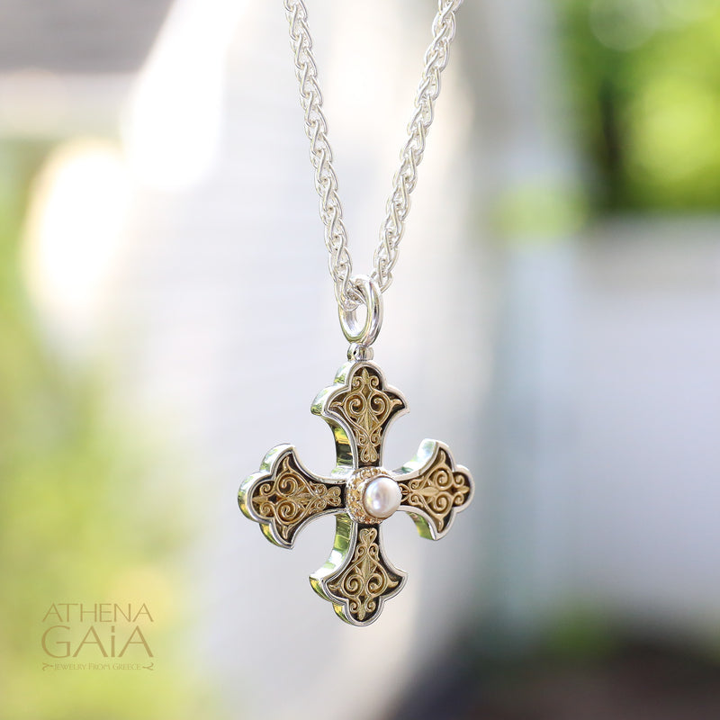 Aretousa Gold Faced Pearl Greek Cross (Large) - 18k Gold & Sterling Silver - Orthodox Cross