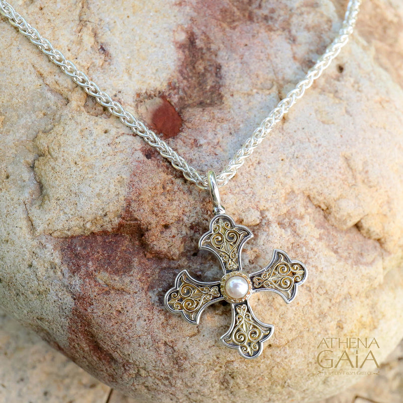 Aretousa Gold Faced Pearl Greek Cross (Large) - 18k Gold & Sterling Silver - Orthodox Cross