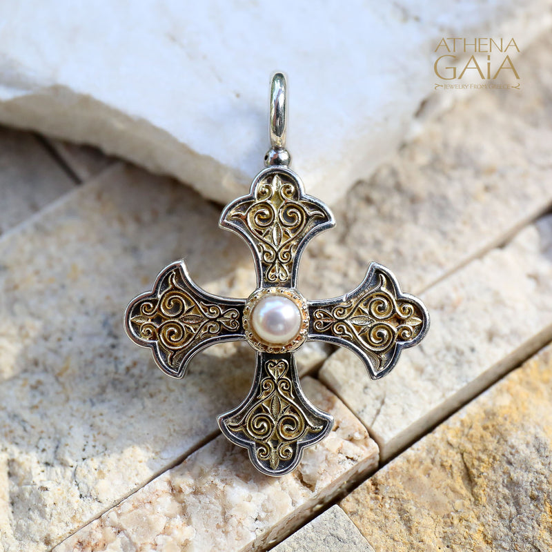 Aretousa Gold Faced Pearl Greek Cross (Large) - 18k Gold & Sterling Silver - Orthodox Cross