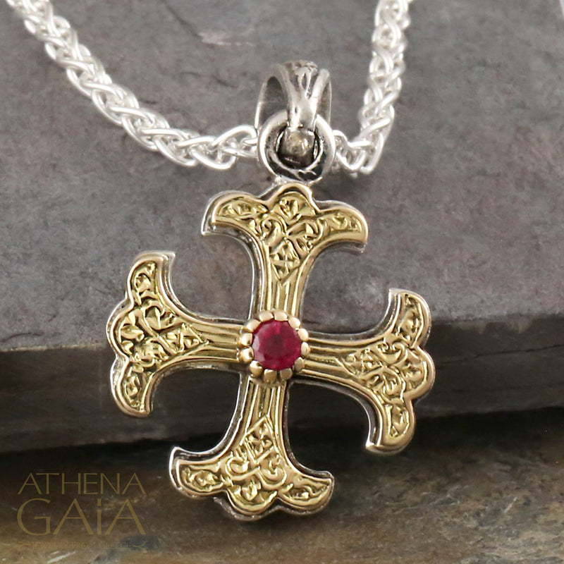 Etched Fleury Ruby Greek Cross - 18k Gold & Sterling Silver - Cross Necklace