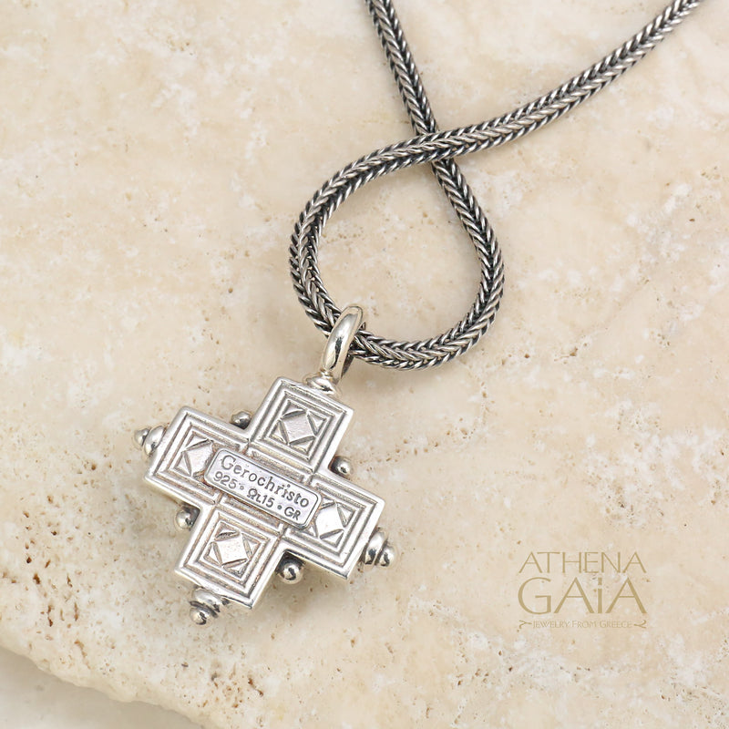 Rustic Silver Five Pearl Cross (Large) - Sterling Silver - Greek Cross Necklace