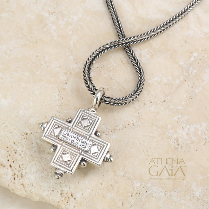 Rustic Silver Five Pearl Cross (Large) - Sterling Silver - Greek Cross Necklace
