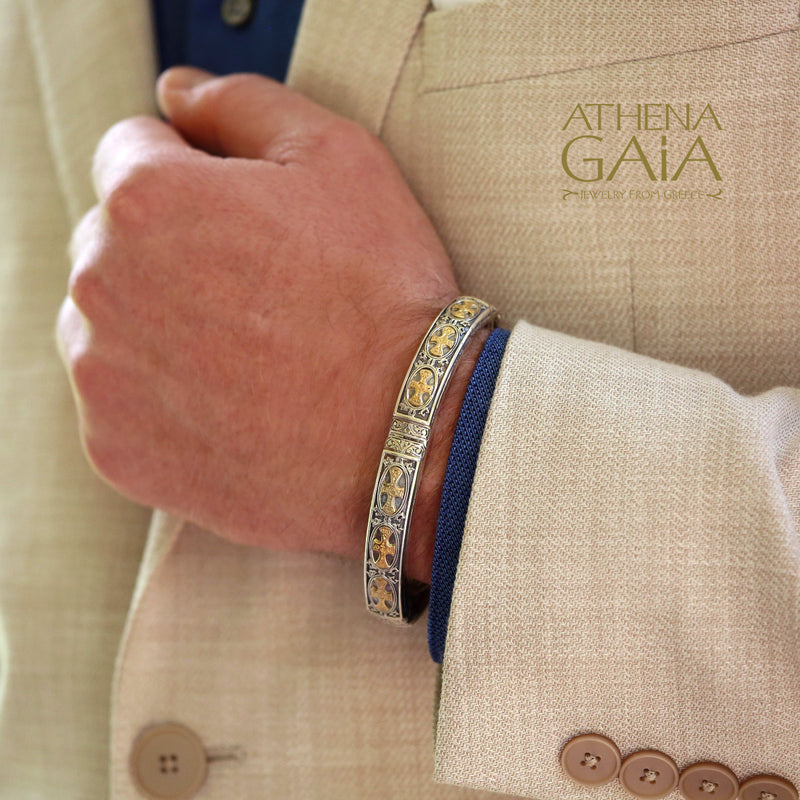 Patmos Crosses Bracelet - 18k Gold & Sterling Silver Bracelet - Hinged Bangle Bracelet