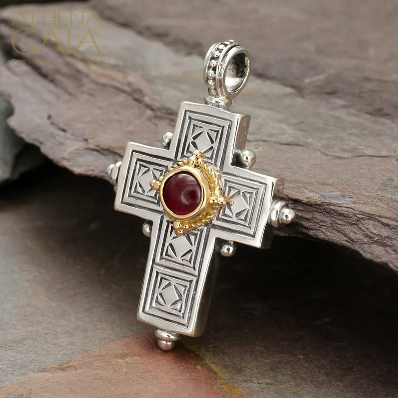Rustic Center Stone Silver Cross- Sterling Silver & 18k Gold - Latin Cross
