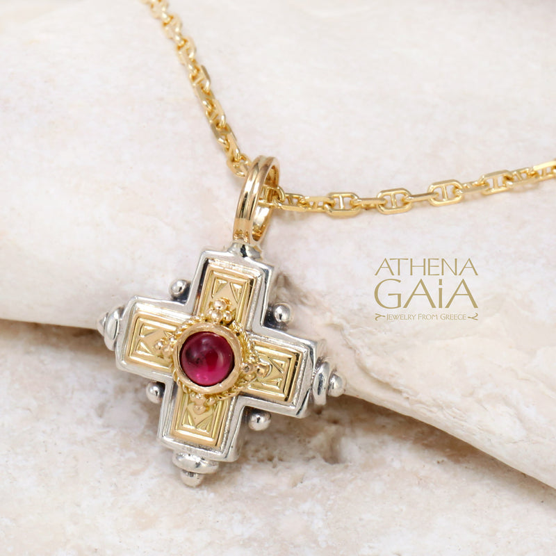Rustic Stone Cross (Small) - 18k Gold & Sterling Silver - Greek Cross Necklace