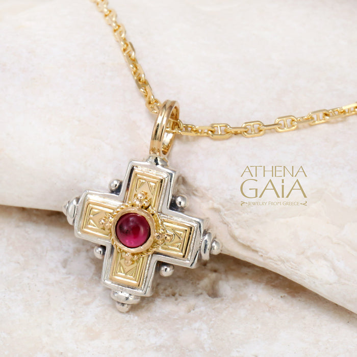 Small Rustic Gold Greek Cross with Stone