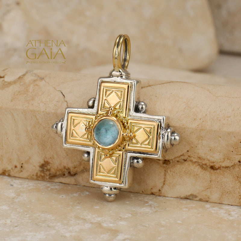 Rustic Stone Cross (Large) - 18k Gold & Sterling Silver - Greek Cross Necklace