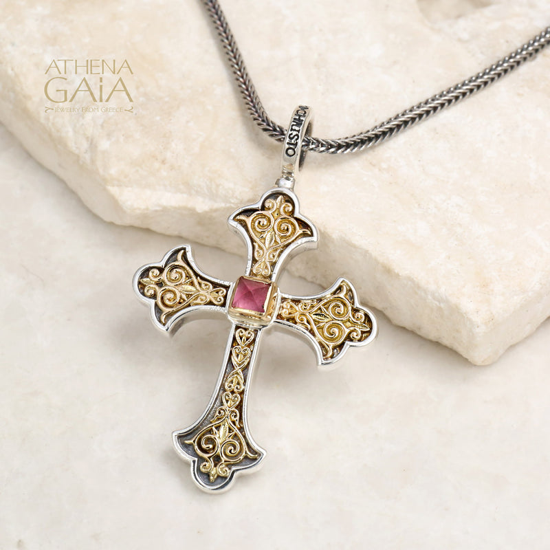 Aretousa Stone Fleury Cross (Medium) - 18k Gold & Sterling Silver - Orthodox Cross
