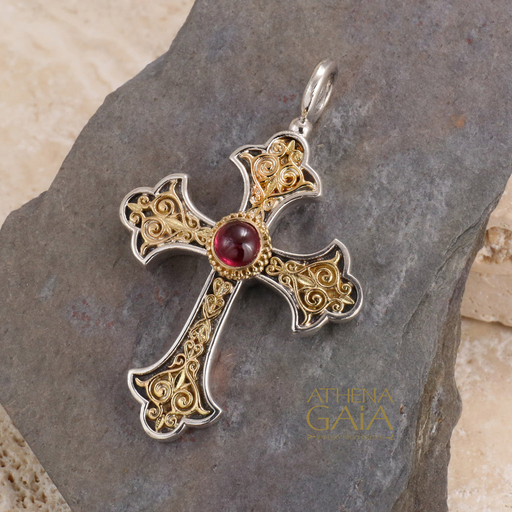 Aretousa Gold Faced Round Bezel Orthodox Cross (Large) - 18k Gold & Sterling Silver