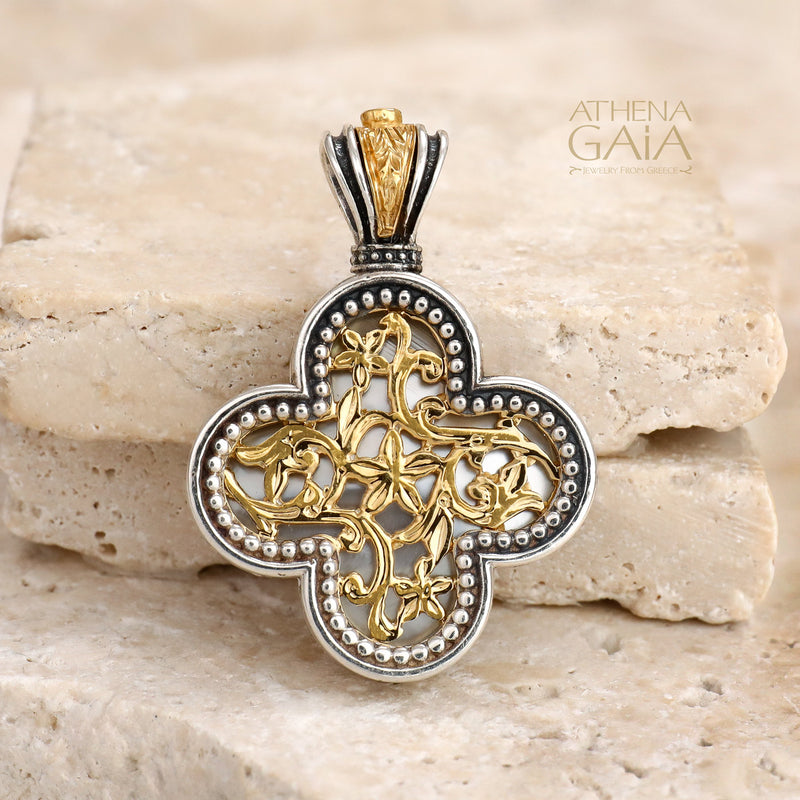 Floral Rounded Greek Cross - Gold Plated Sterling Silver - Orthodox Cross Necklace
