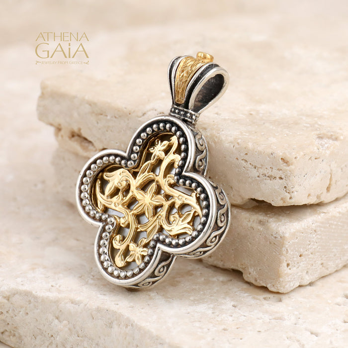 Floral Rounded Greek Cross - Gold Plated Sterling Silver - Orthodox Cross Necklace