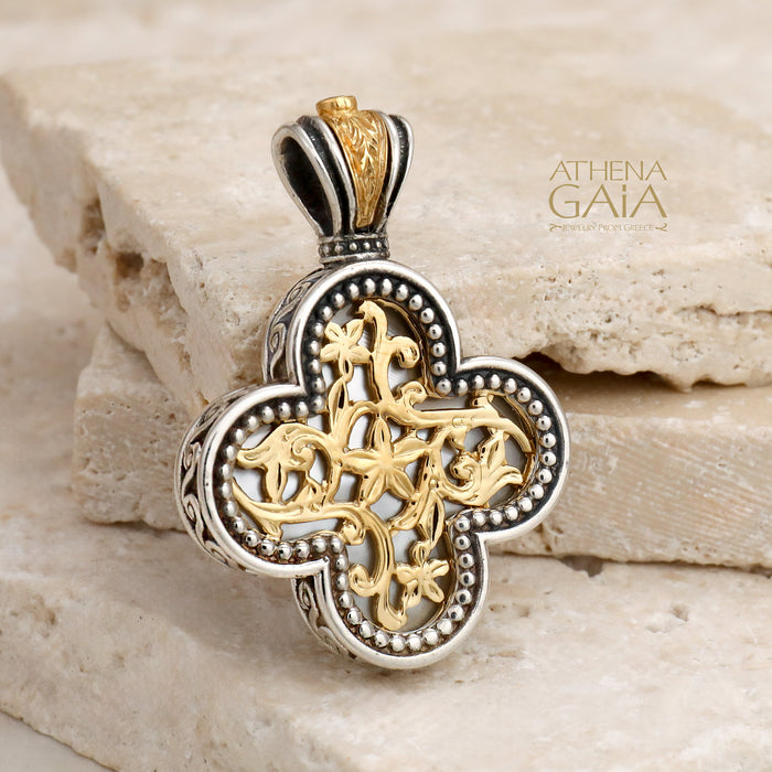 Floral Rounded Greek Cross - Gold Plated Sterling Silver - Orthodox Cross Necklace