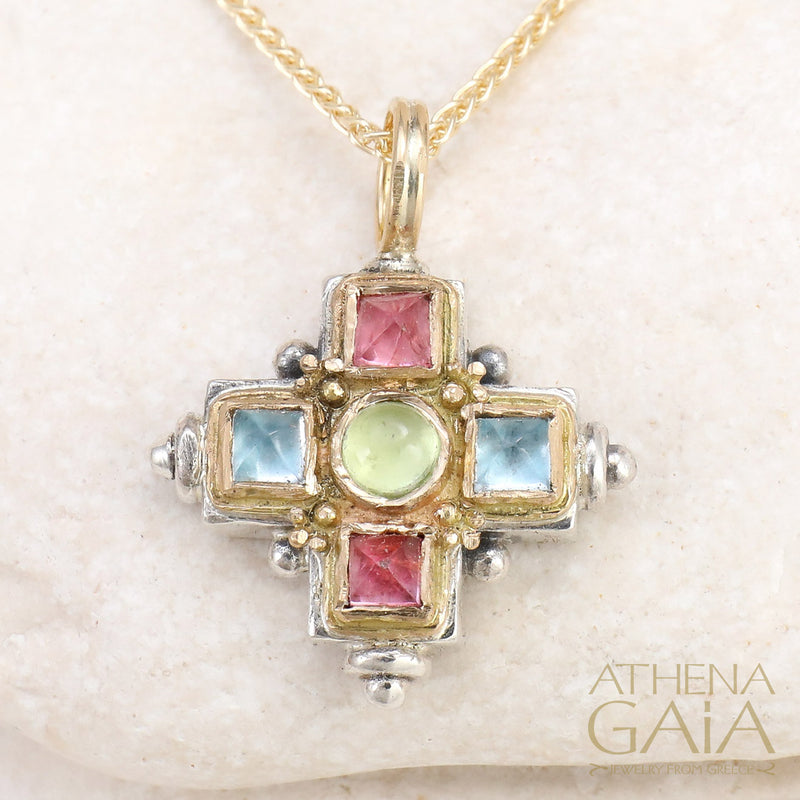 Aegean Stone Cross - 18k Gold & Sterling Silver - Greek Cross Necklace