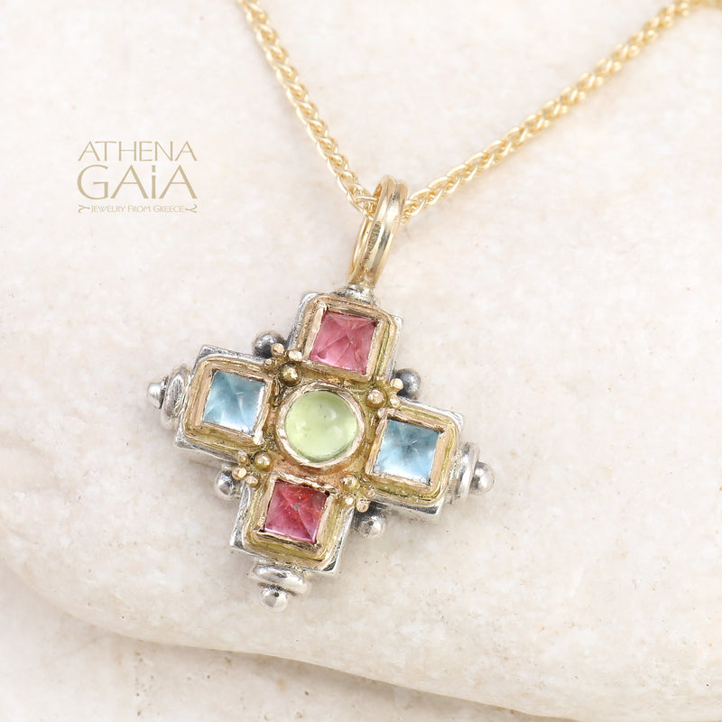 Aegean Stone Cross - 18k Gold & Sterling Silver - Greek Cross Necklace
