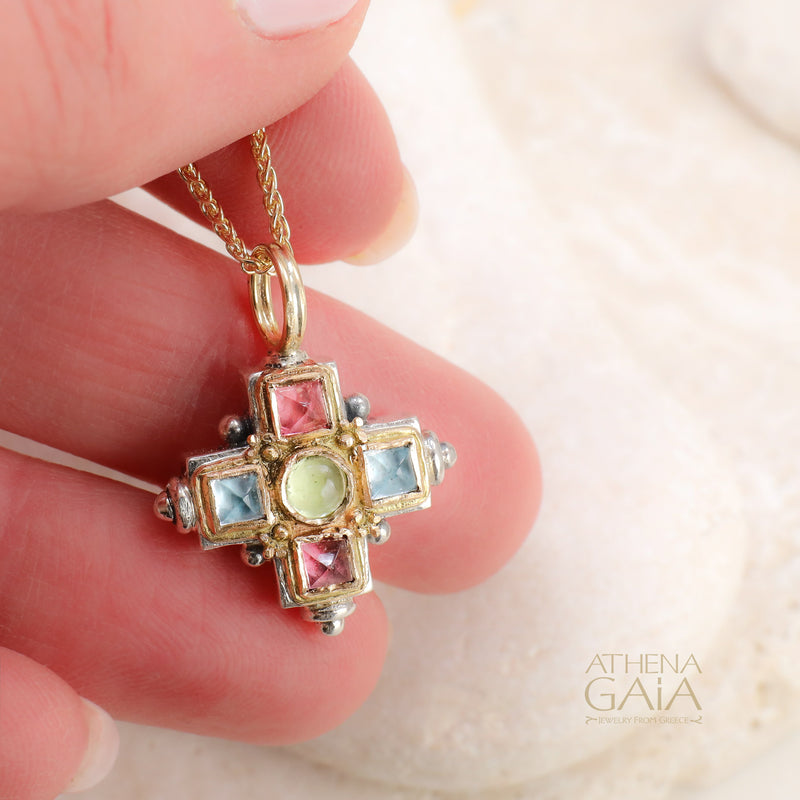 Aegean Stone Cross - 18k Gold & Sterling Silver - Greek Cross Necklace