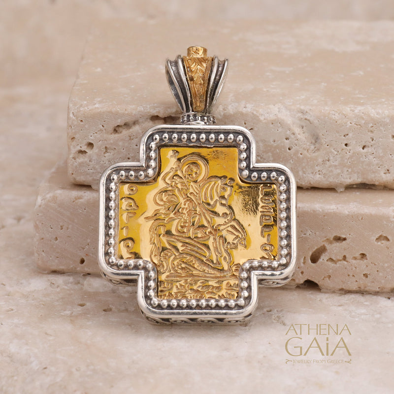 Saint George Squared Greek Cross - Gold Plated & Sterling Silver - Orthodox Cross Necklace