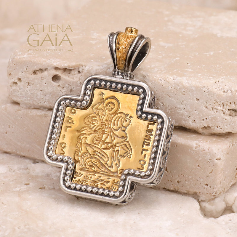 Saint George Squared Greek Cross - Gold Plated & Sterling Silver - Orthodox Cross Necklace