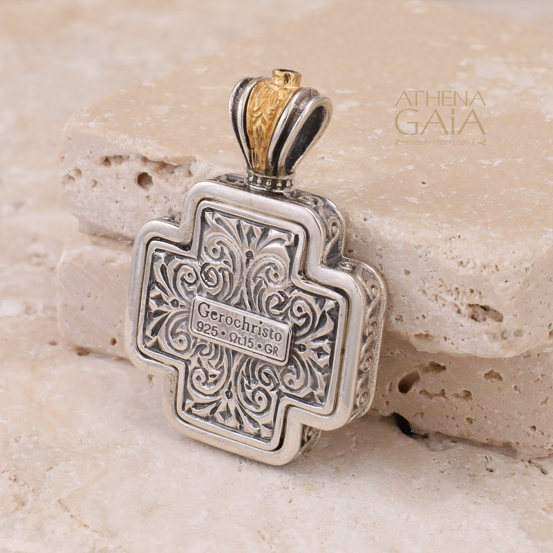 Saint George Squared Greek Cross - Gold Plated & Sterling Silver - Orthodox Cross Necklace